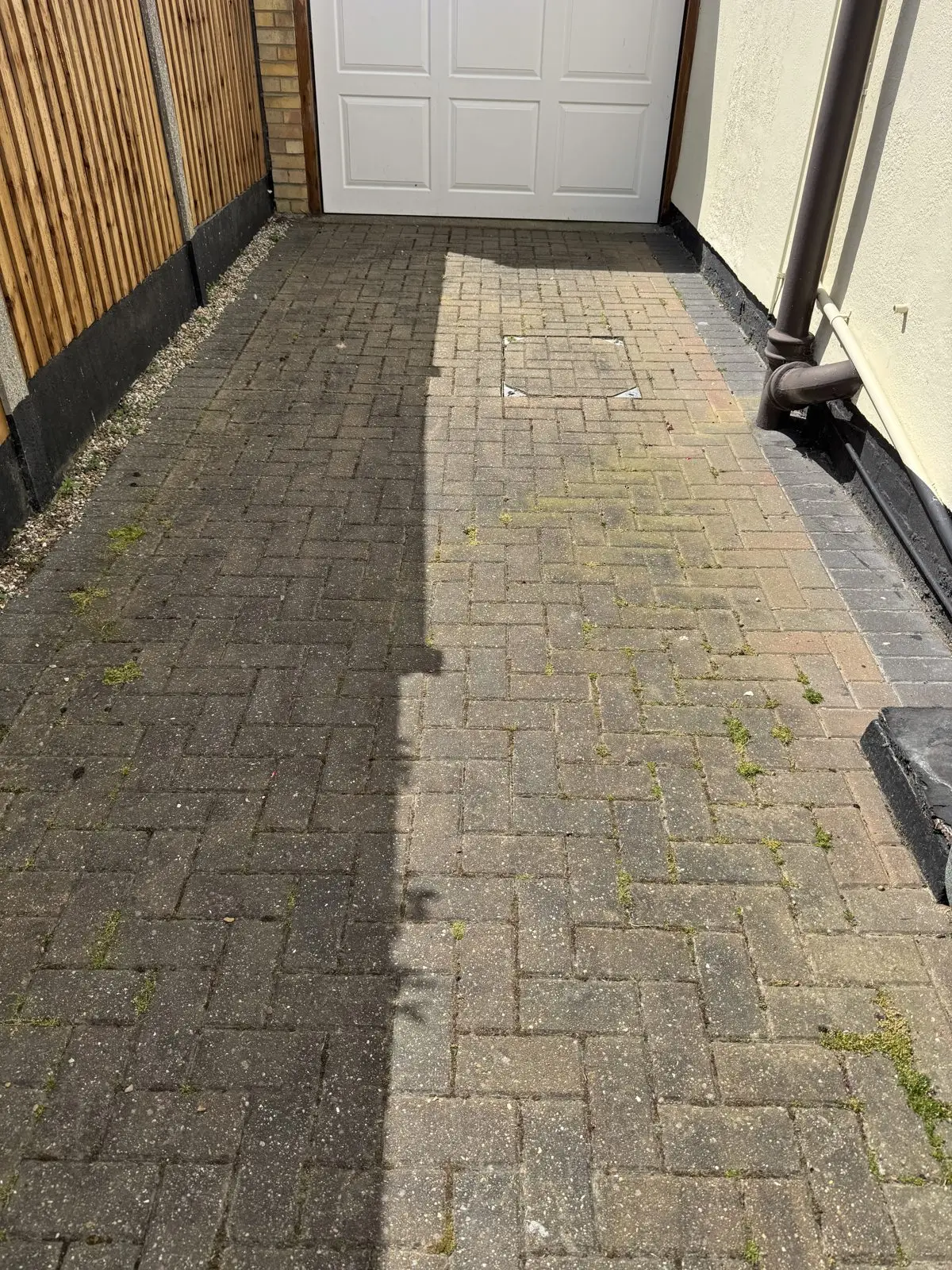 Block paving driveway before cleaning, covered in heavy green moss and algae