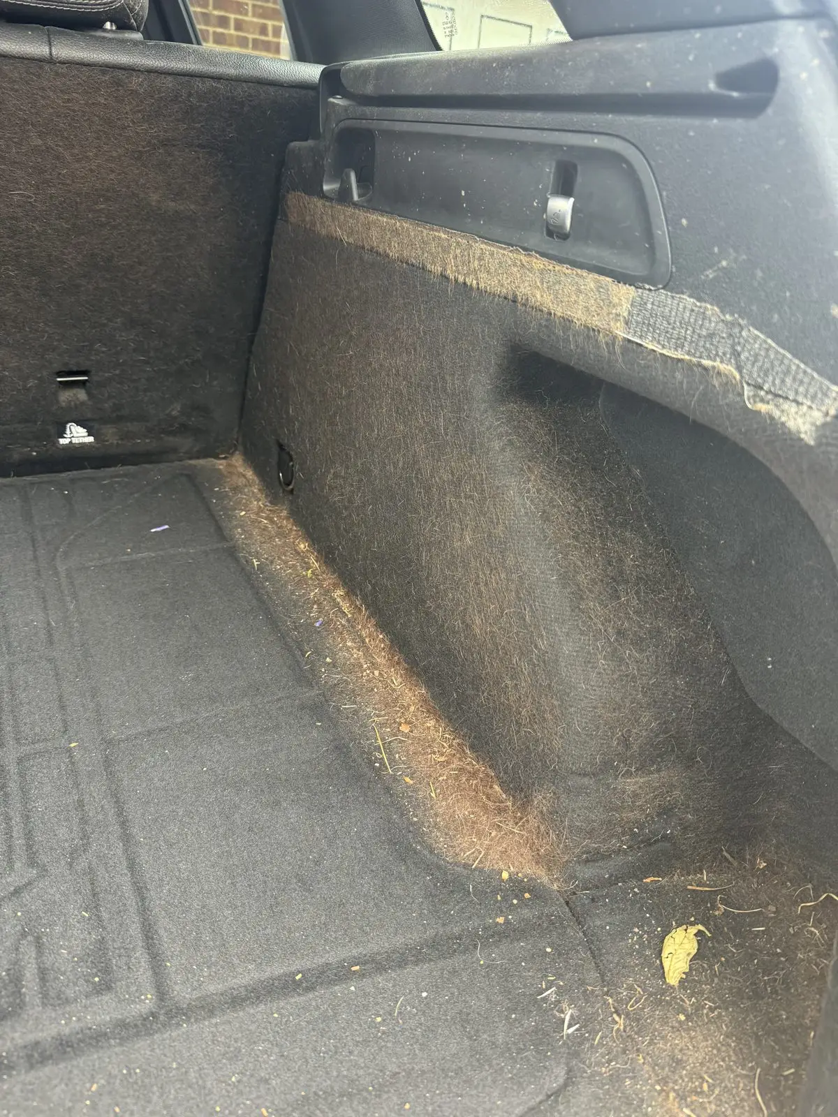 Car boot before cleaning, with ground-in dirt and debris in the carpet