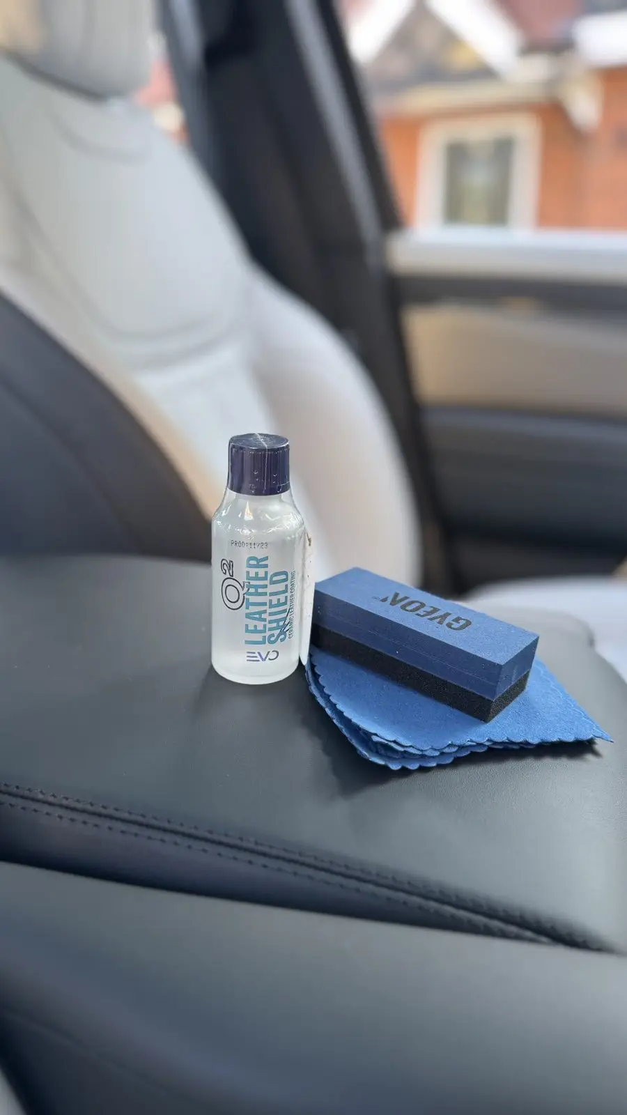 Gyeon Q² Leather Shield ceramic coating being applied to car leather, Essex