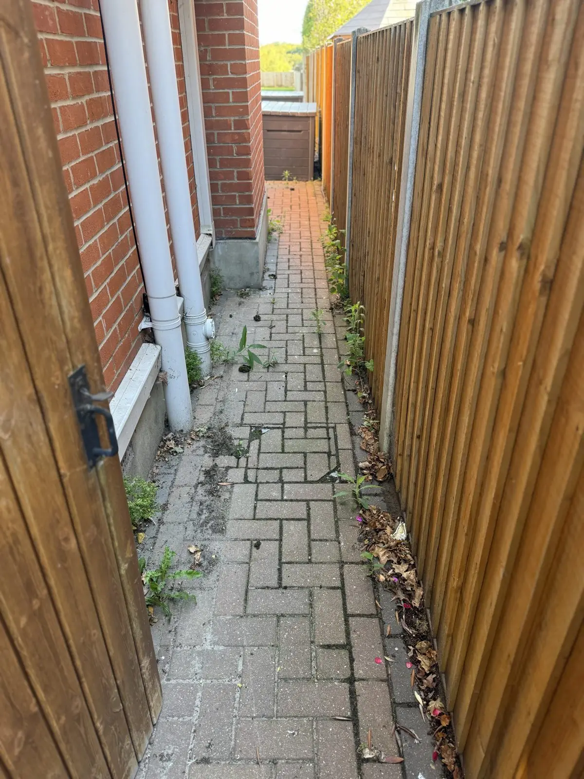 Side-return block paving before cleaning, heavily soiled