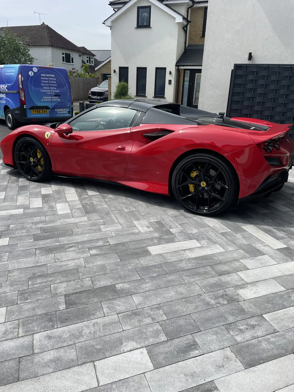 Ferrari F8 detailed on location, with the Comestic Cleaning van behind, Essex